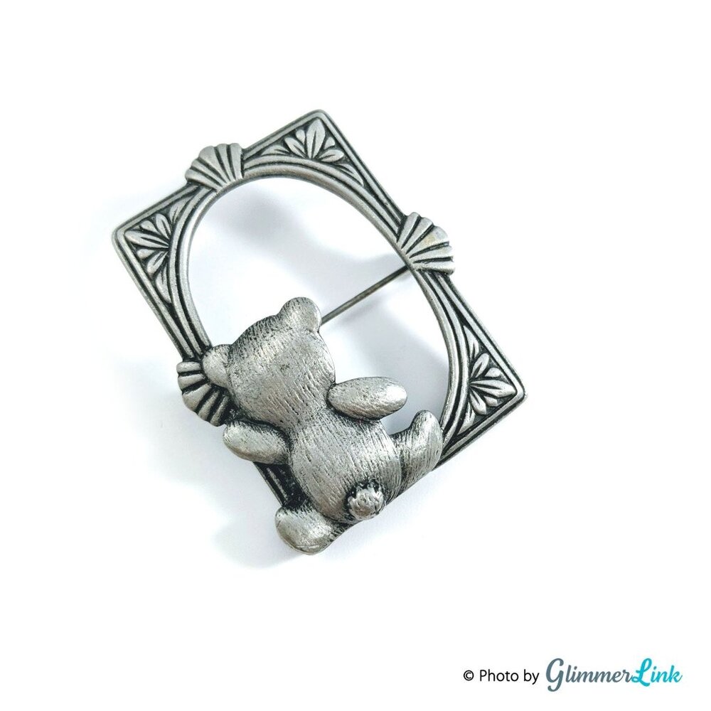 Vintage 1980s JJ Teddy Bear Frame Brooch Jonette Jewelry Silver Tone Pin